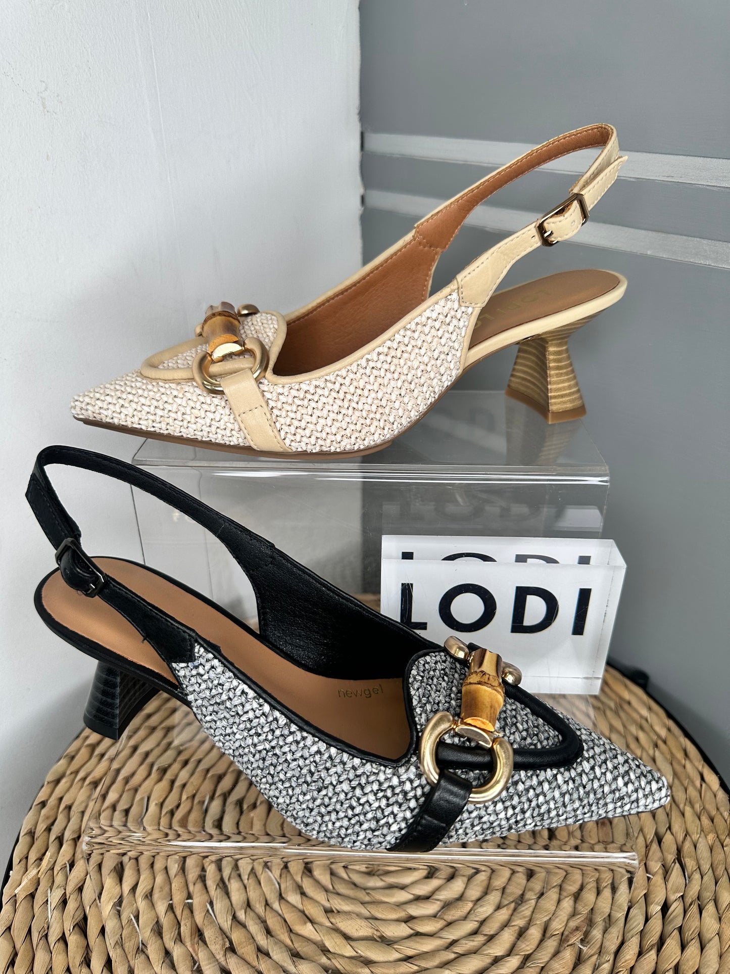 Lodi Love - Black/White Tweed Print Pointy Toe Slingback Shoe