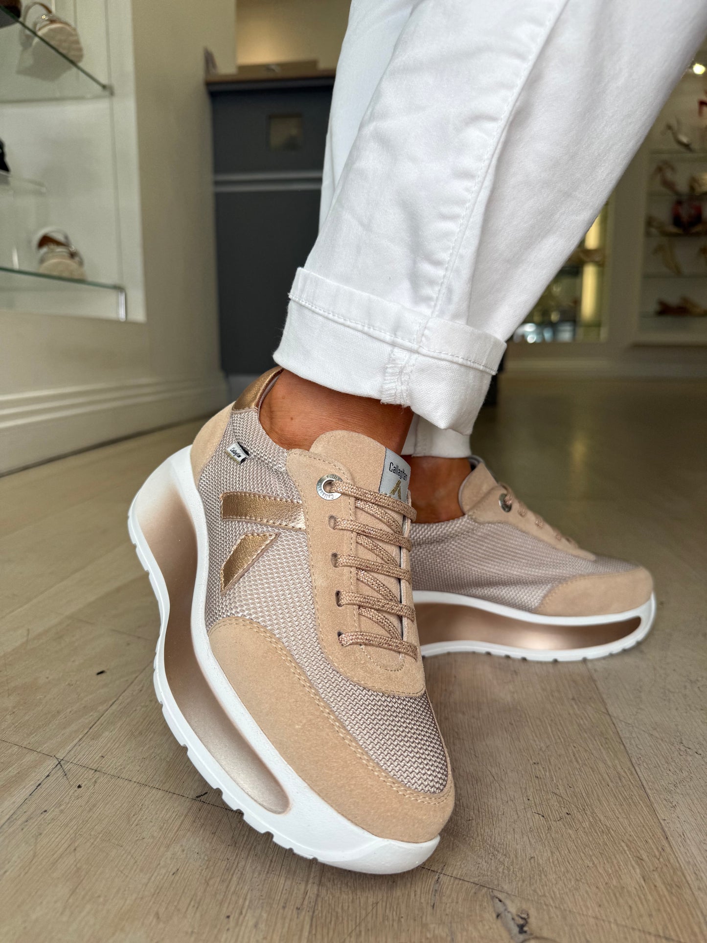 Callaghan - Sand Suede Lace Up Shoe With Rose Gold  Metallic Trim