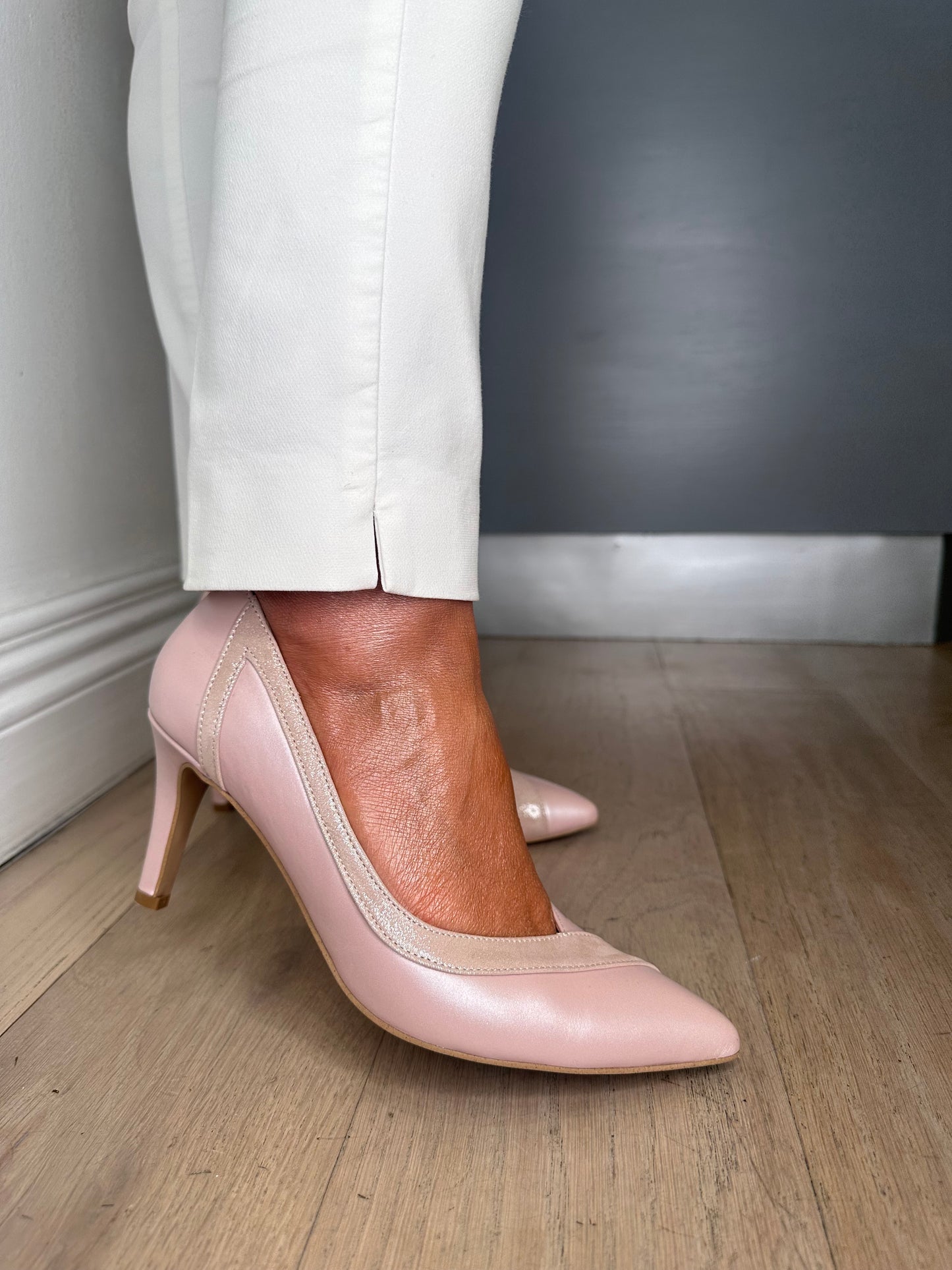 Emis -Blush Pink Pointy Toe Court Shoe With Blush Pink Shimmer Trim