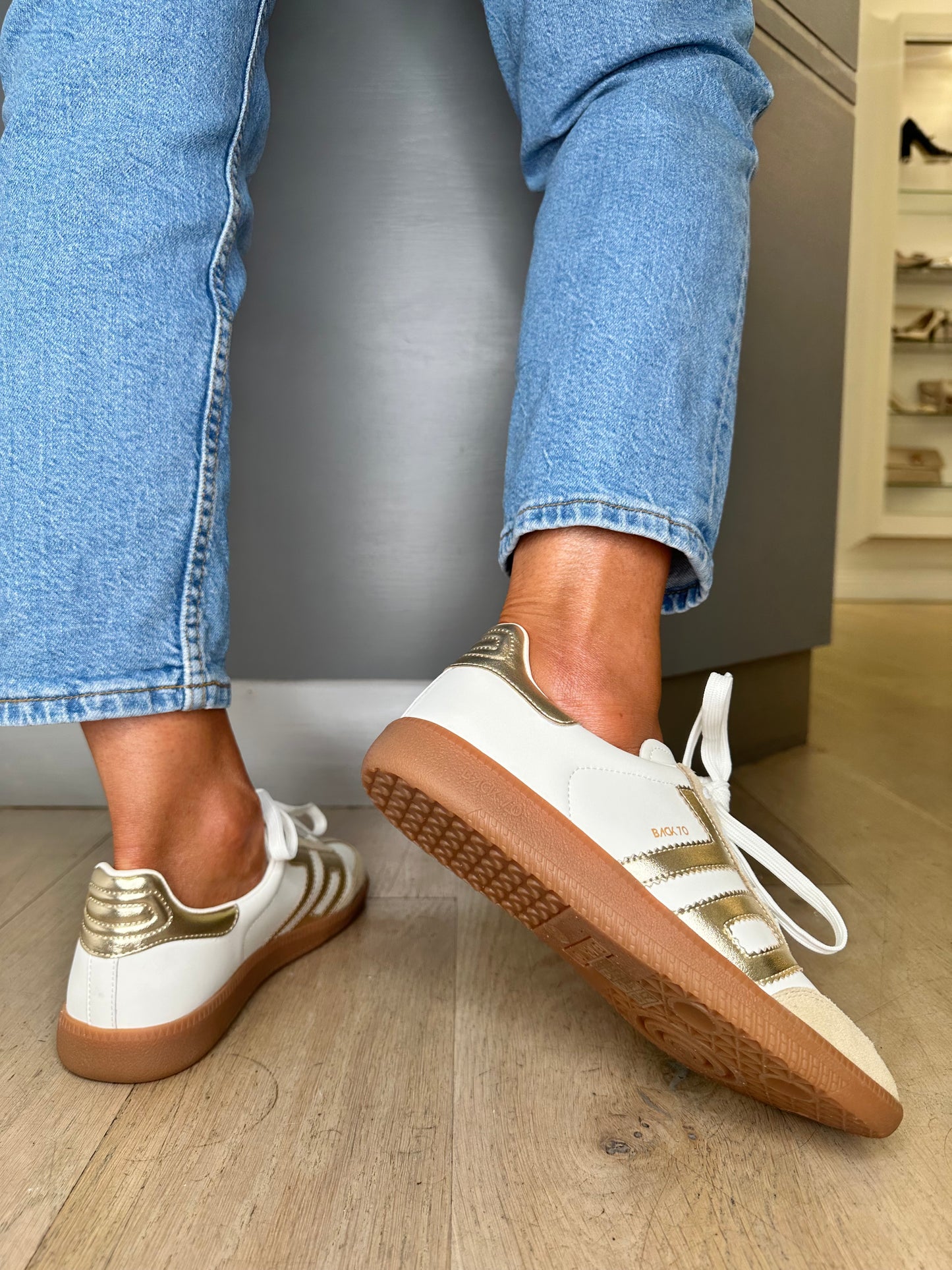 Back 70 - Cloud White / Metallic Gold Trainer With Beige Suede Trim