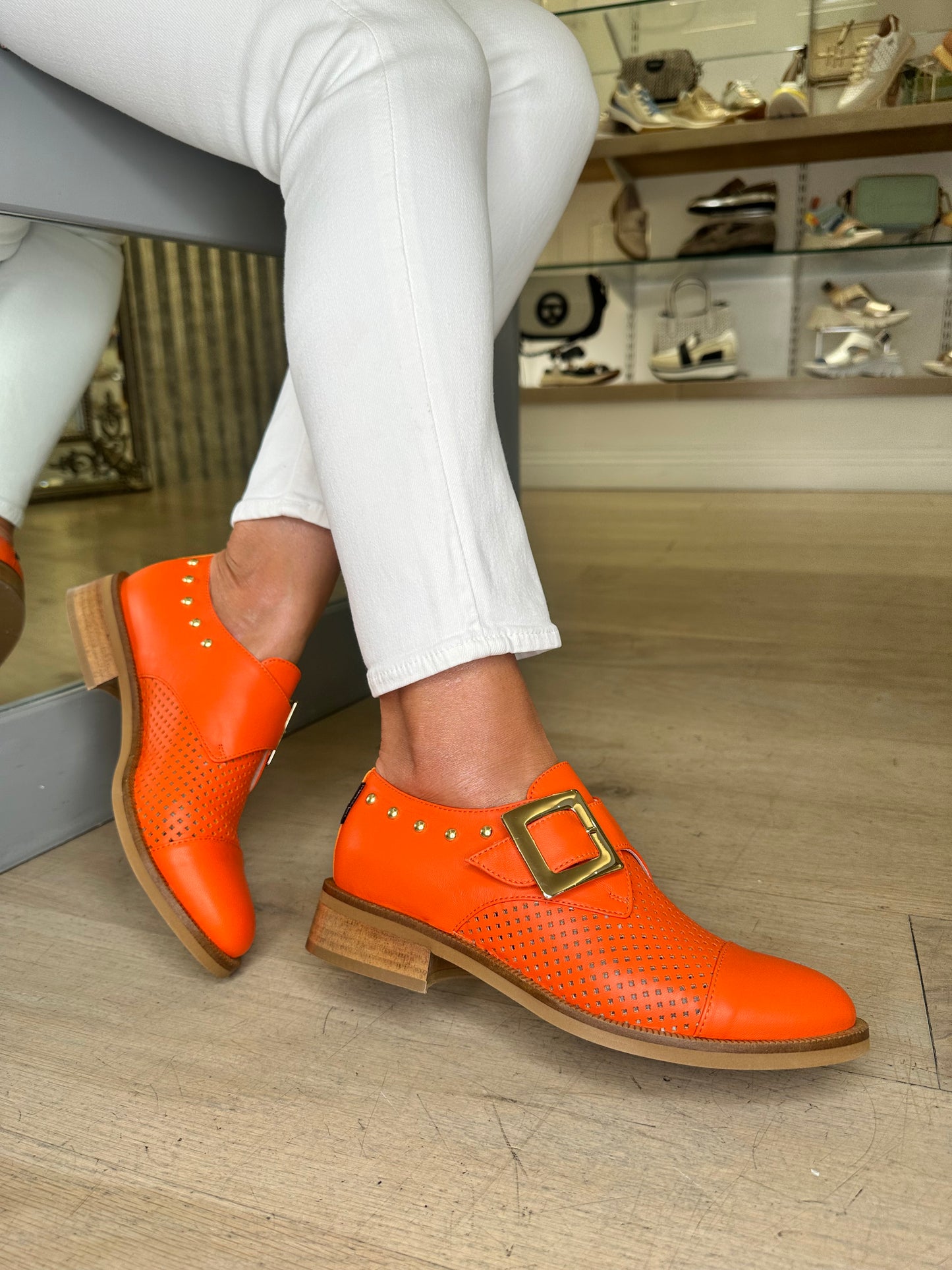 Marco Moreo - Orange Monk Strap Brogue With Gold Buckle & Gold Stud Trim