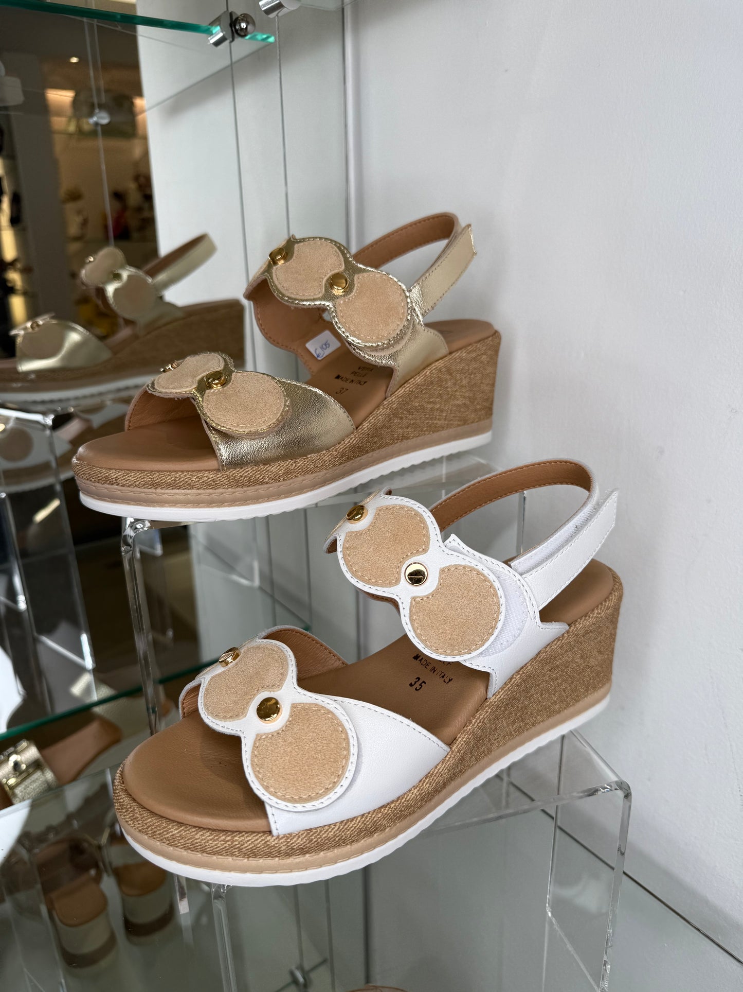 Repo - White Leather 2 Strap Velcro Wedge Sandal With Beige Circle Trim