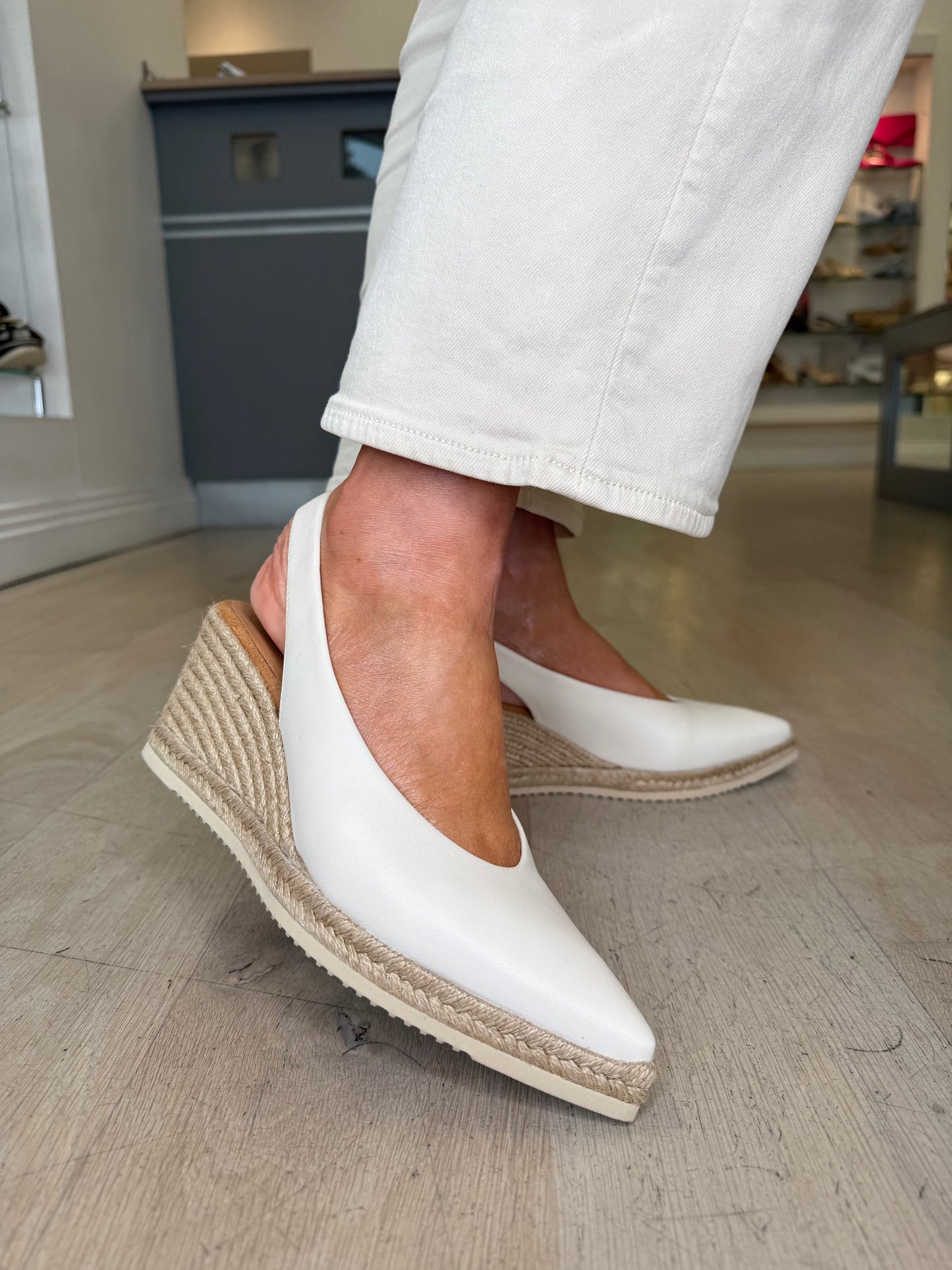 Unisa- Ivory Leather Pointy Toe Sling Back Espadrille Wedge