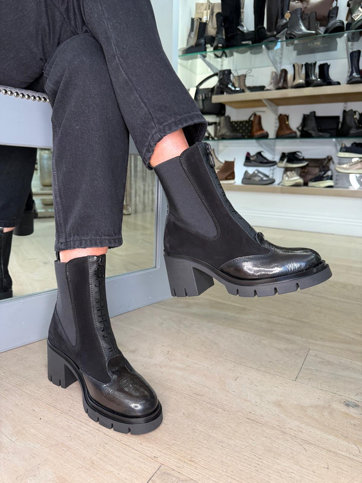 Hispanitas - Black Suede & Leather Block Heel Boot With Platform Sole