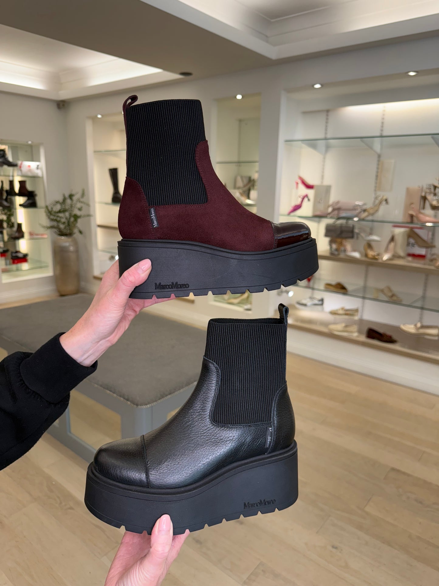 Marco Moreo - Brenda Burgundy Suede Chunky Sole Wedge Boot With Burgundy Patent Trim