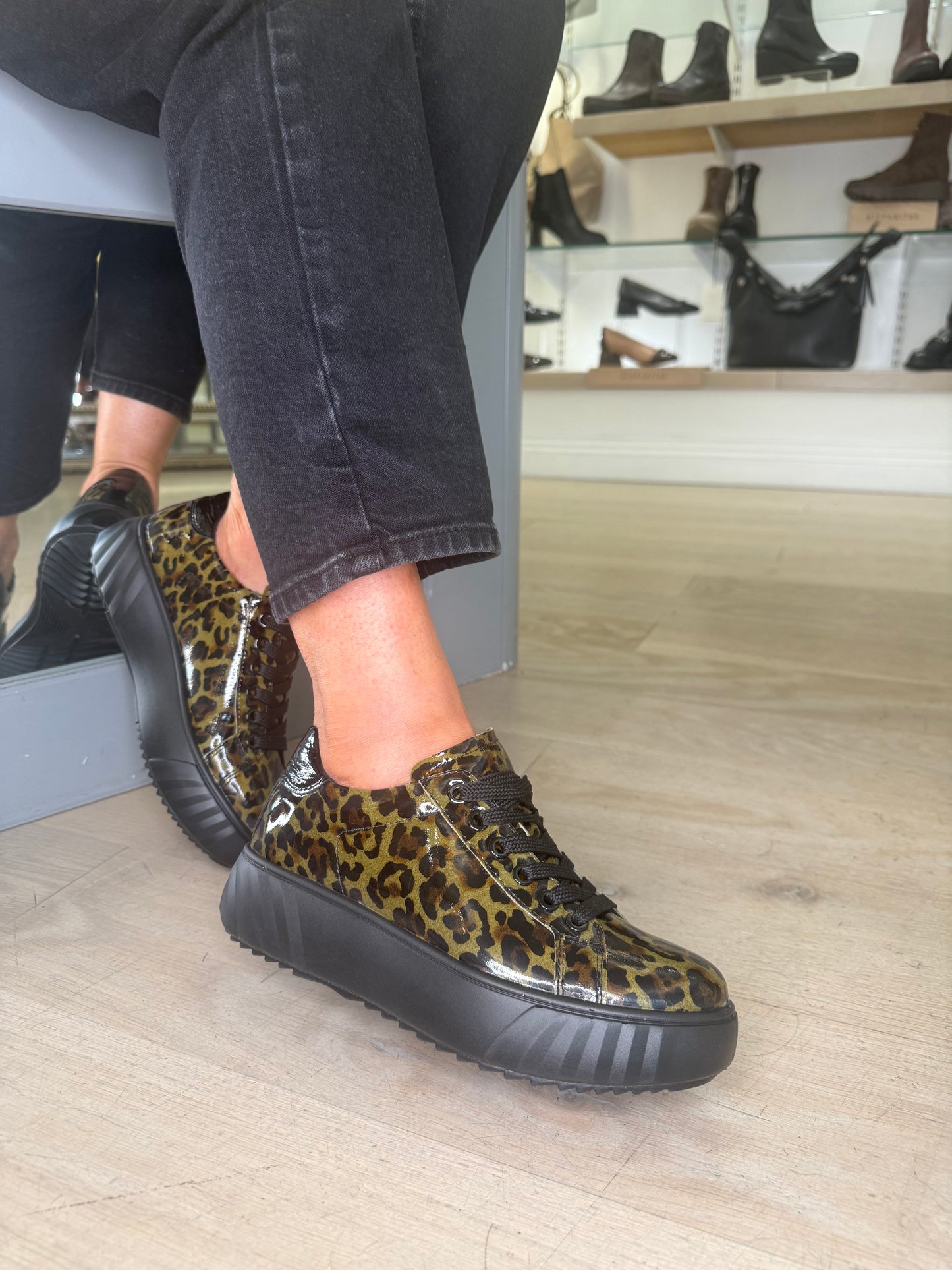 Ara - Monaco Green & Black Leopard Print Flatform Trainer