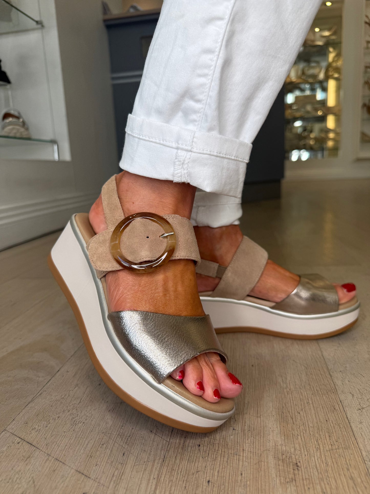 Repo - Soft Bronze & Sand Suede Wedge Sandal With Velcro Strap
