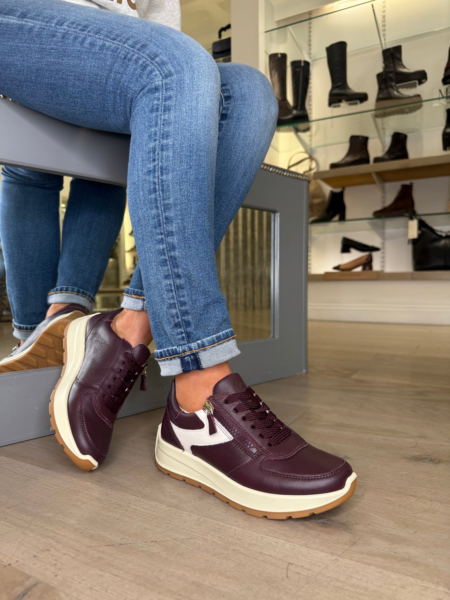 Ara - New York Merlot Leather Side Zip Trainer With White Trim & Cream Sole