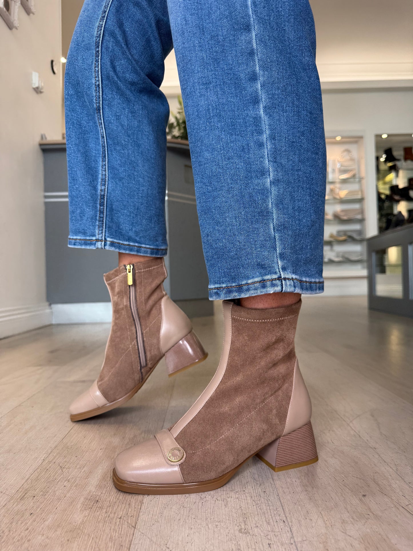 Loretta Vitale - Camel Suede & Leather Mix Square Toe Boot