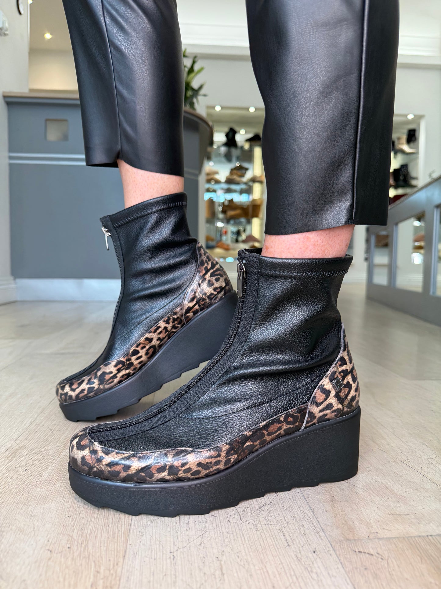 Jose Saenz -Black Leopard Print Mix Wedge Boot