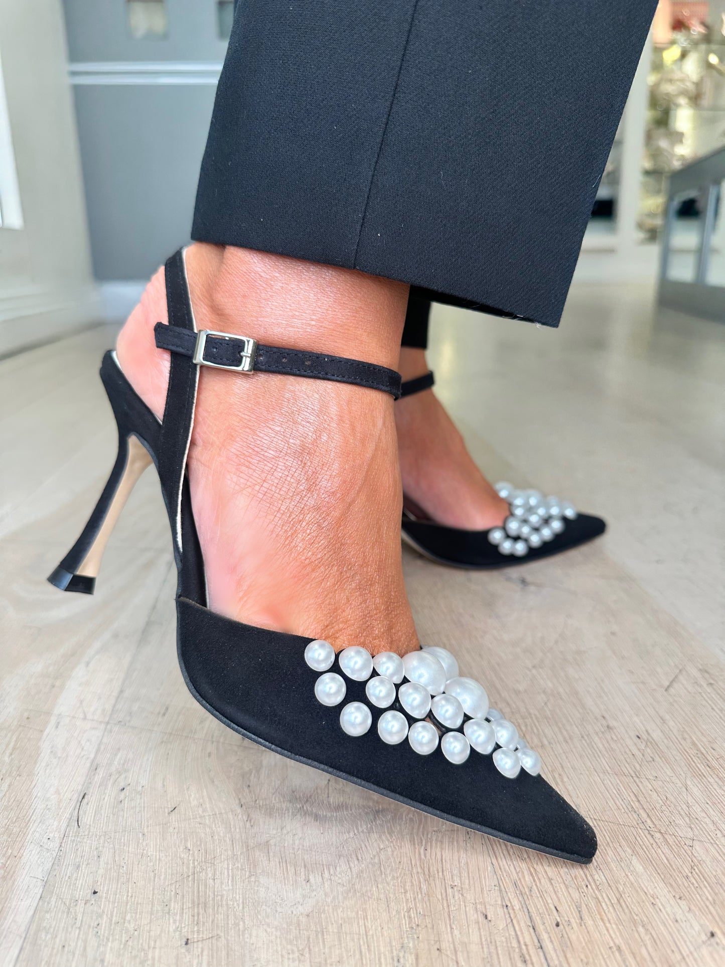 Marian - Black Suede Pointy Toe Heels With Pearl Trim