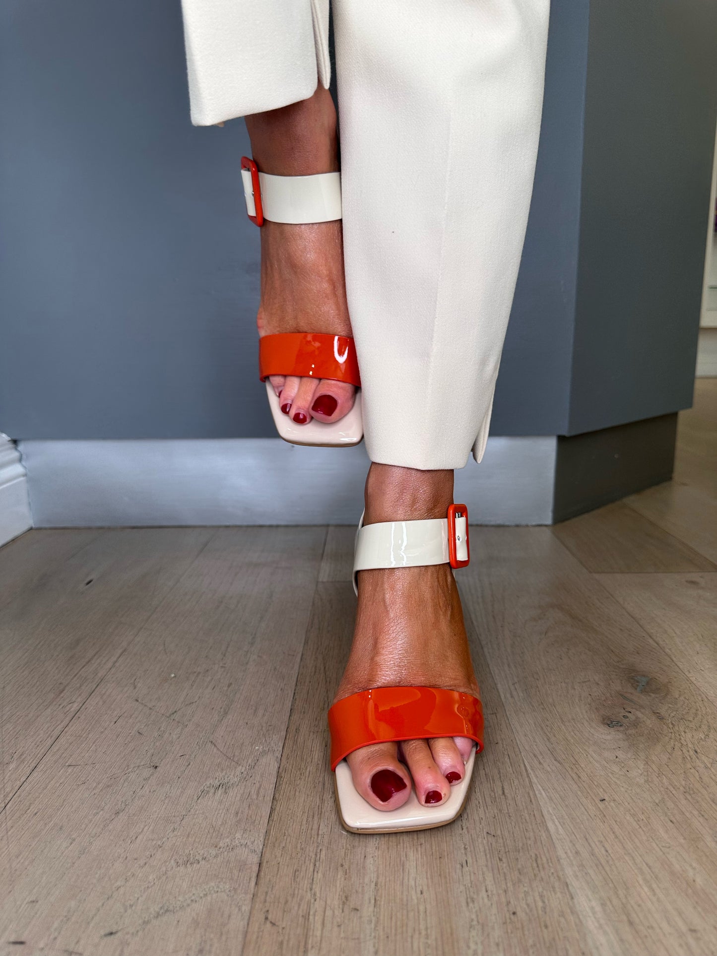 Loretta Vitale - Orange/Cream Patent Block Heel Sandal