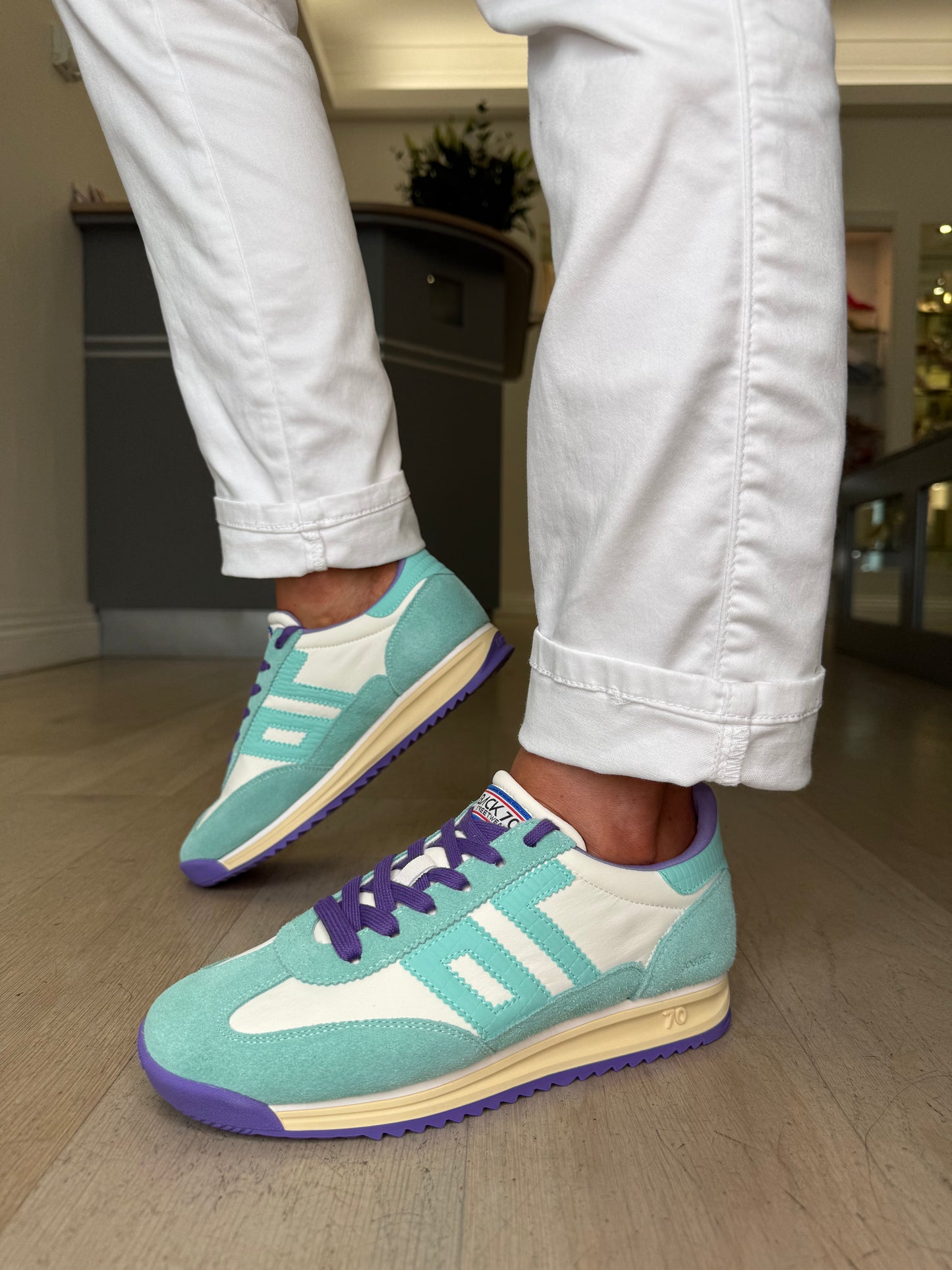 Back 70 - Jogger Mint Suede Trainer With White Leather & Purple Trim