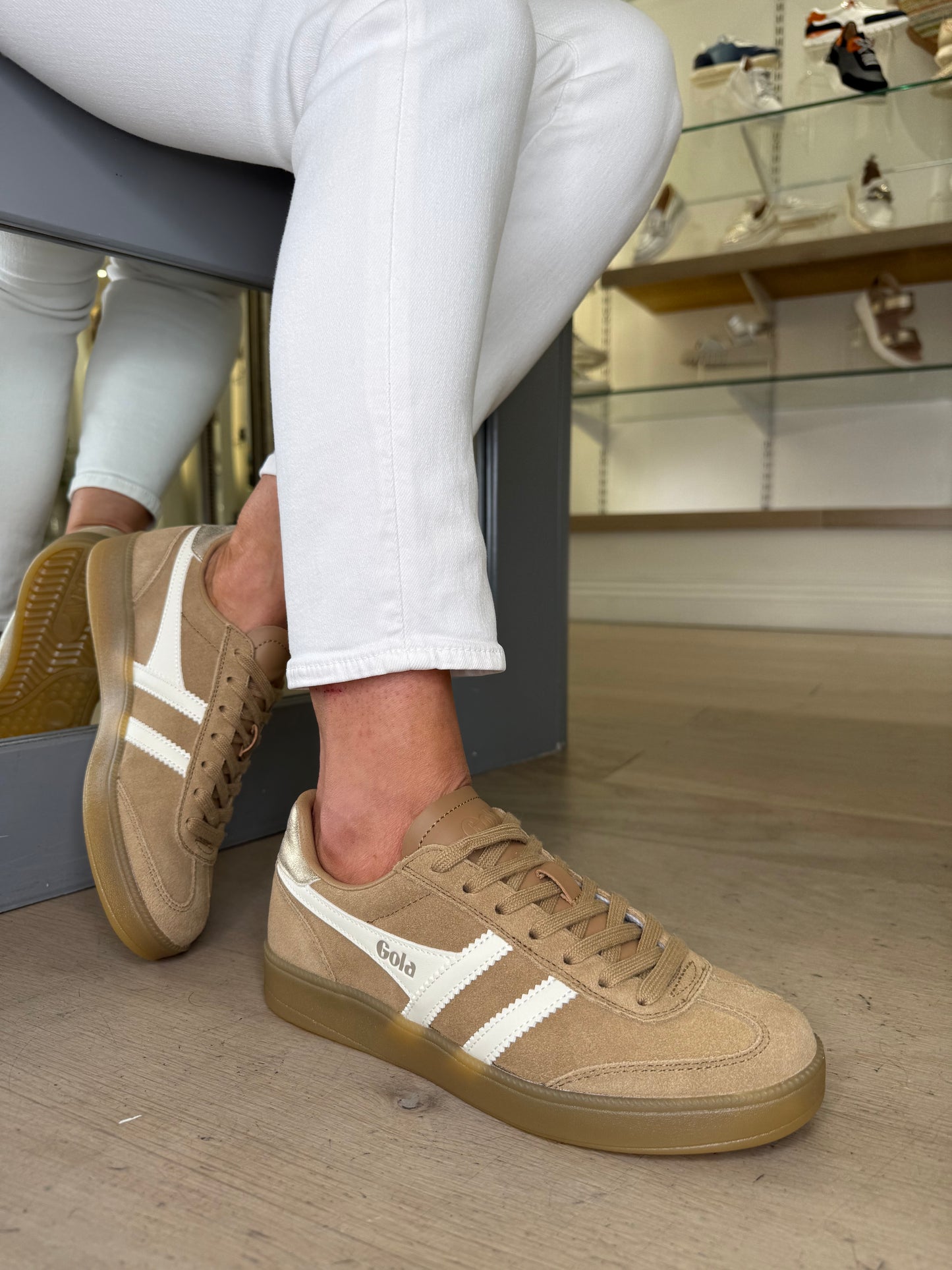 Gola - Viper Light Caramel Suede Trainer With White Leather & Gold Trim
