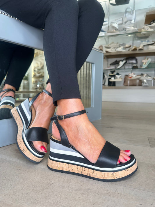 Repo - Black Leather Striped Wedge Sandal