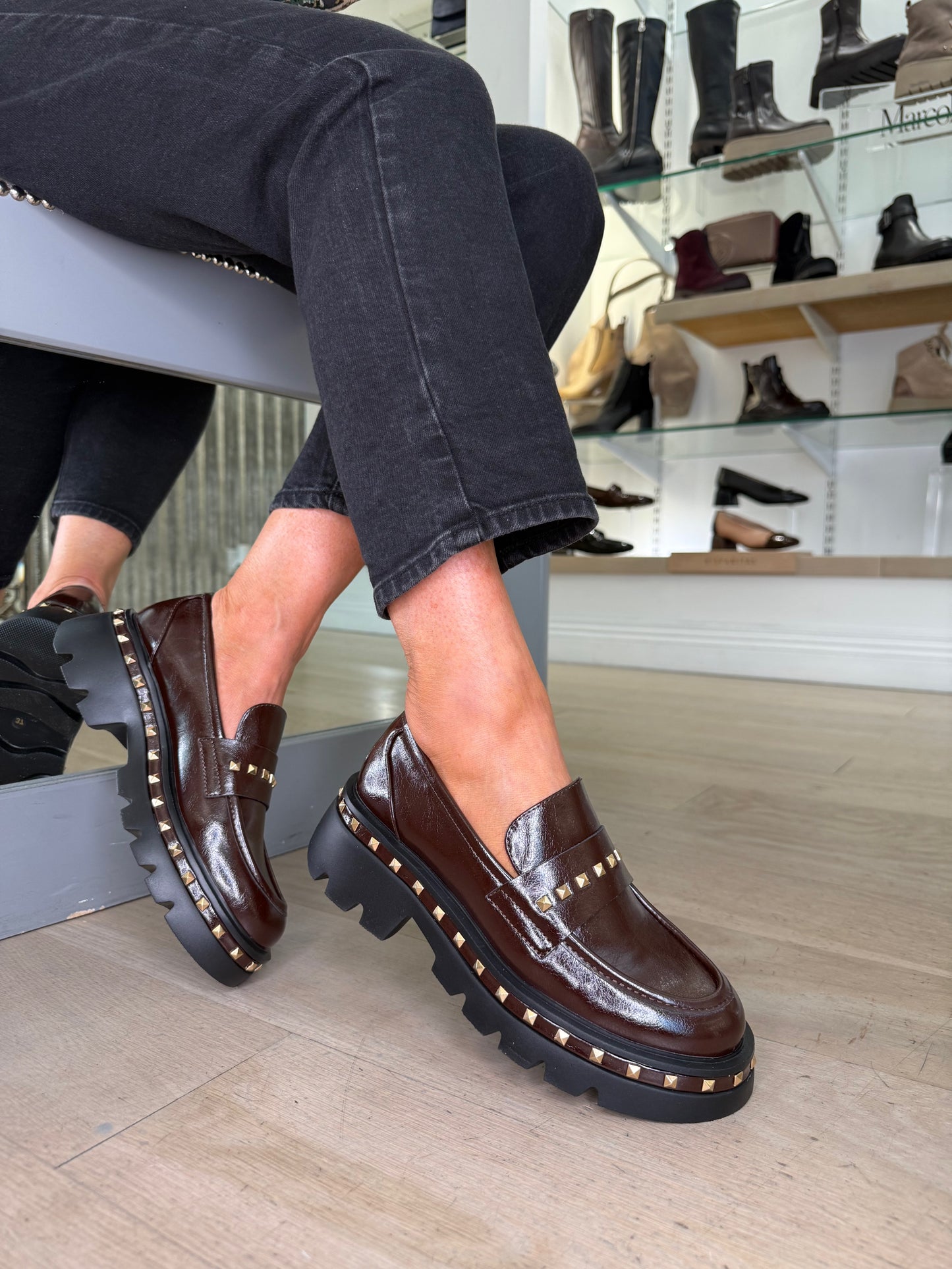 Lodi - Rich Brown Nappa Leather Chunky Sole Loafer With Gold Stud Trim Detail