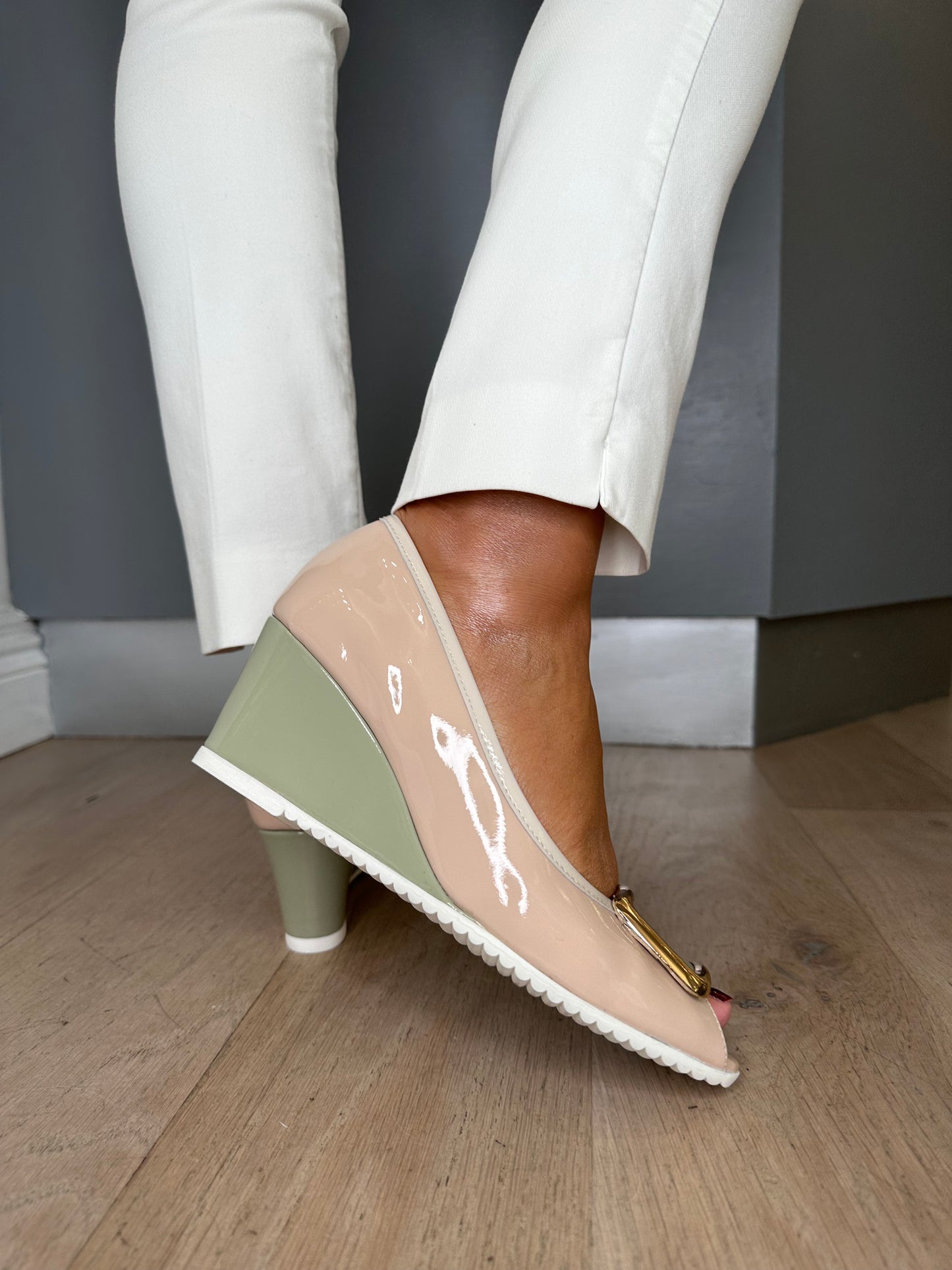 Le Babe – Nude Patent Peep Toe Wedge With Soft Green Patent Trim