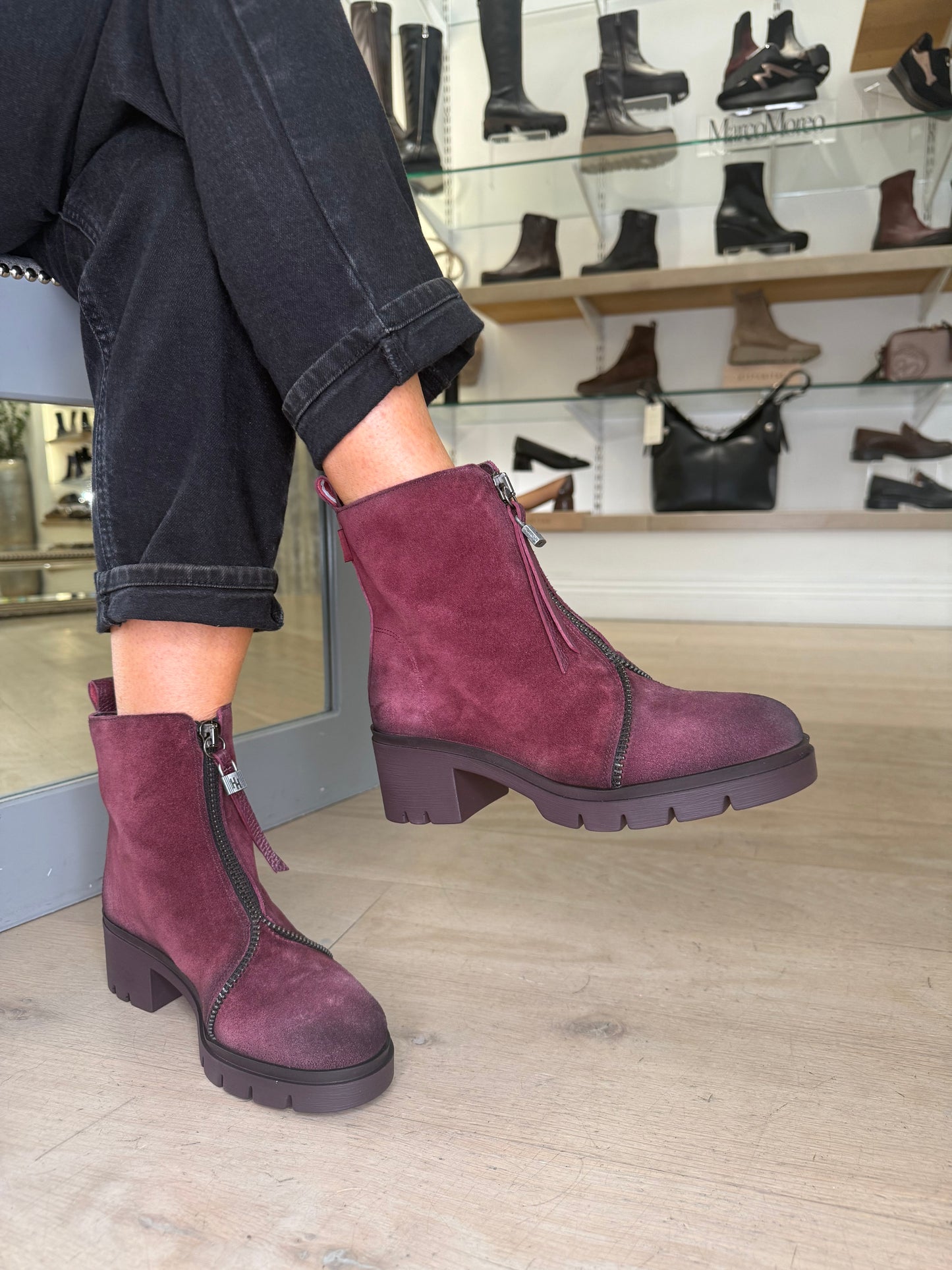 Hispanitas - Burgundy Distressed Suede Chunky Sole Boot With Zip Detail Trim