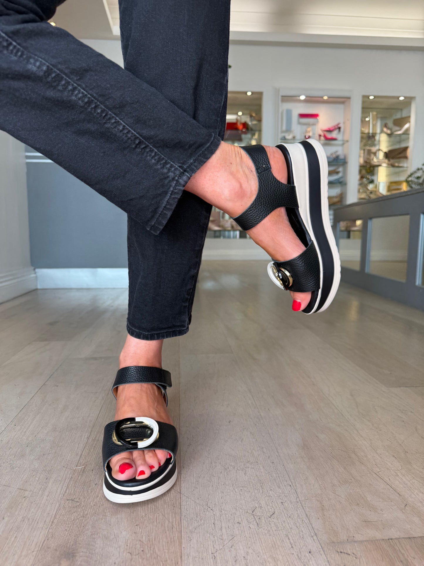 Oh My Sandals - Black & Cream Wedge Sandal With Velcro Strap