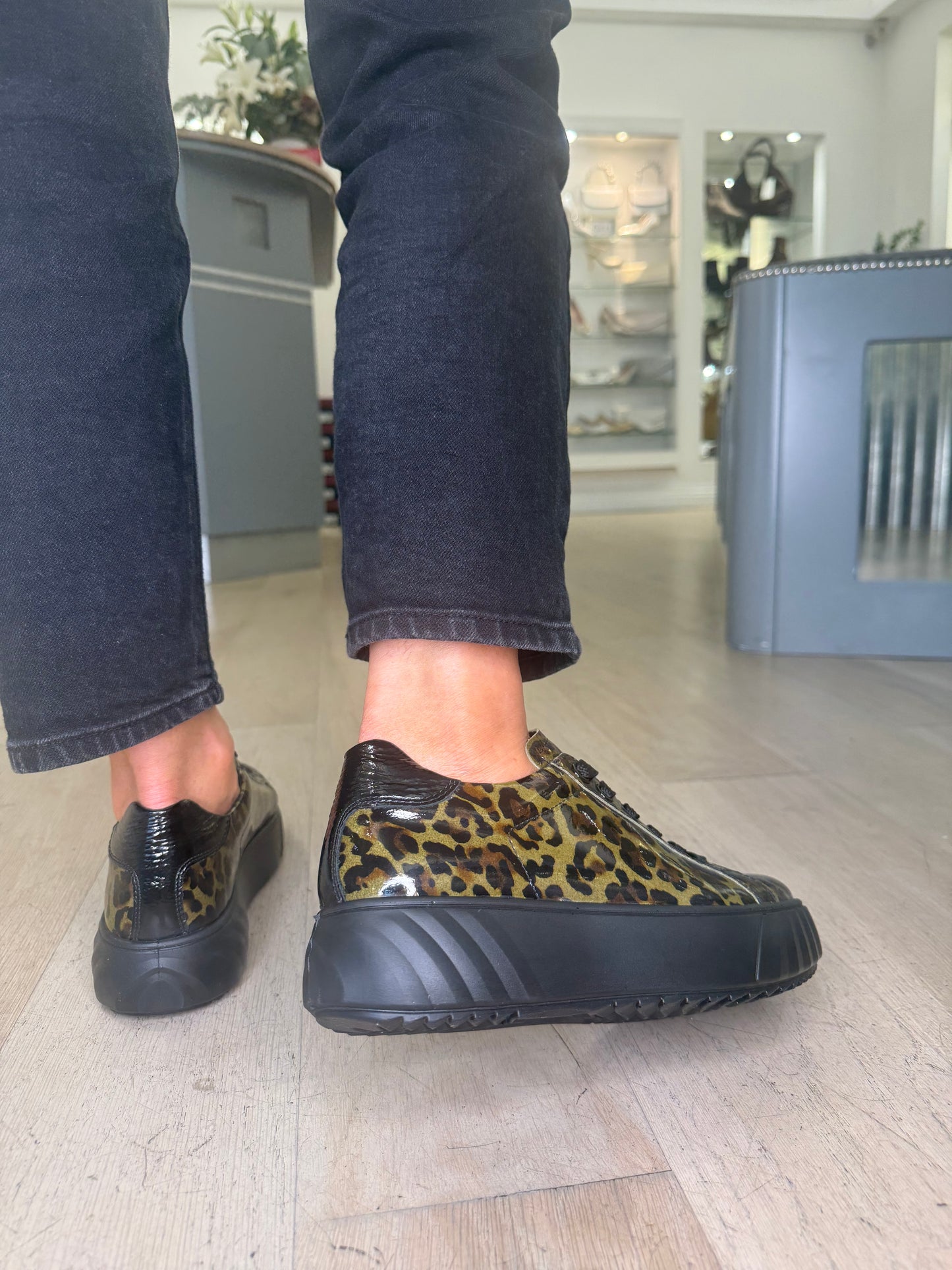 Ara - Monaco Green & Black Leopard Print Flatform Trainer