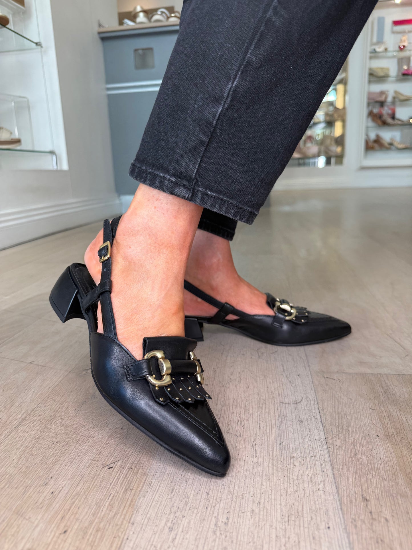 Mjus - Black Leather Pointy Toe Sling Back Shoe With Matt Gold Trim