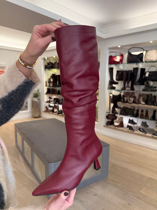 Marian - Long Bordoeaux Leather Ruched Boot
