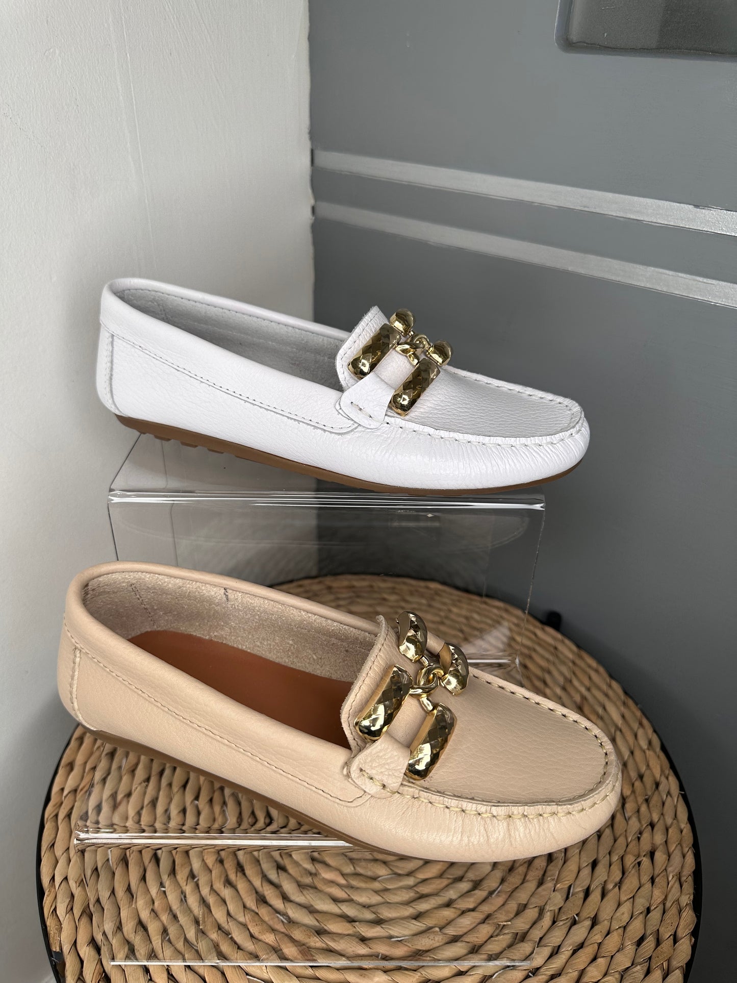 Dchicas (By Viguera) - White Soft Leather Loafer With Chunky Gold Trim