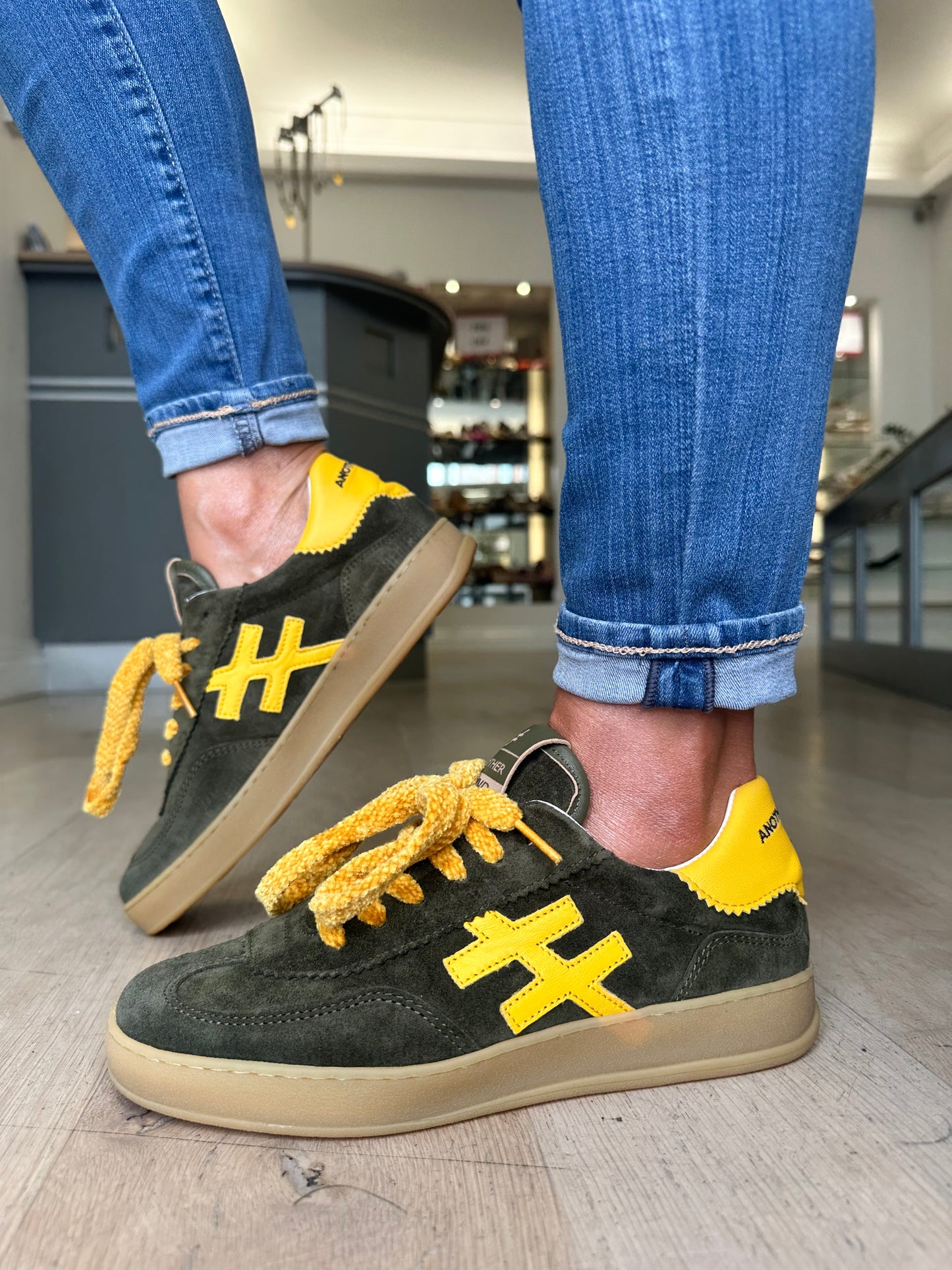 Another Trend (Alpe) - Khaki Green Suede/ Yellow Trim Trainer