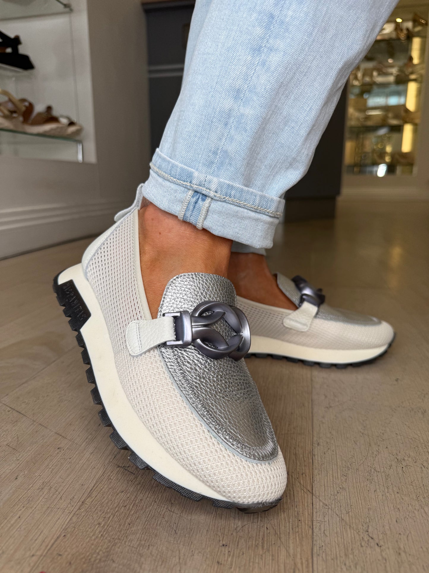 Hispanitas -Cream Mesh Slip On Sporty Shoe With Metallic Silver Inset & Chrome Trim