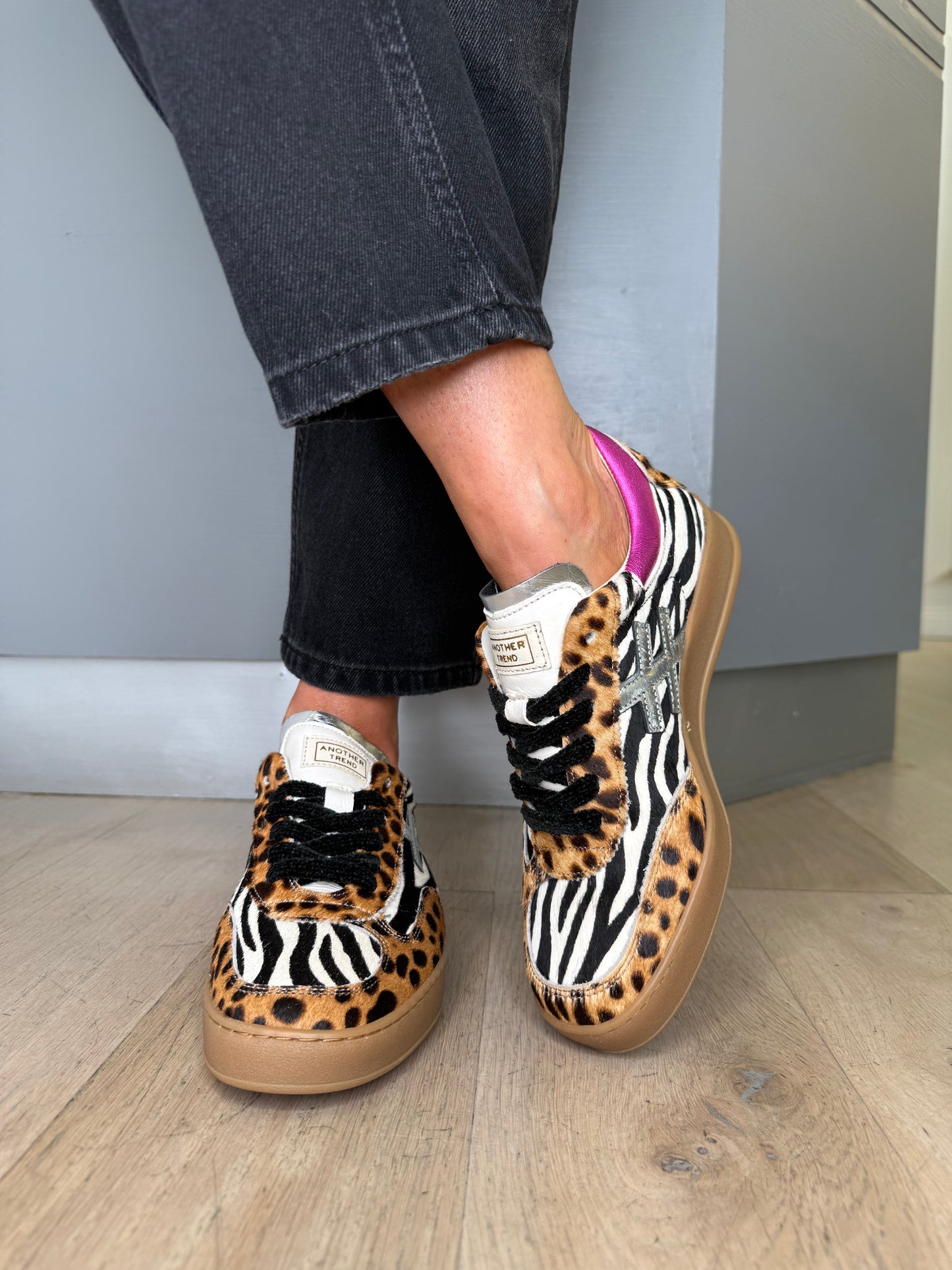 Another Trend -Multi Mix Animal Print Trainer With Hot Pink Trim