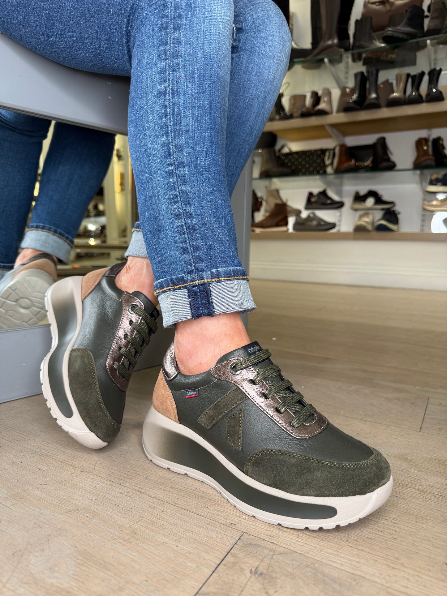 Callaghan - Dark Khaki Mix Lace Up Chunky Sole Trainer