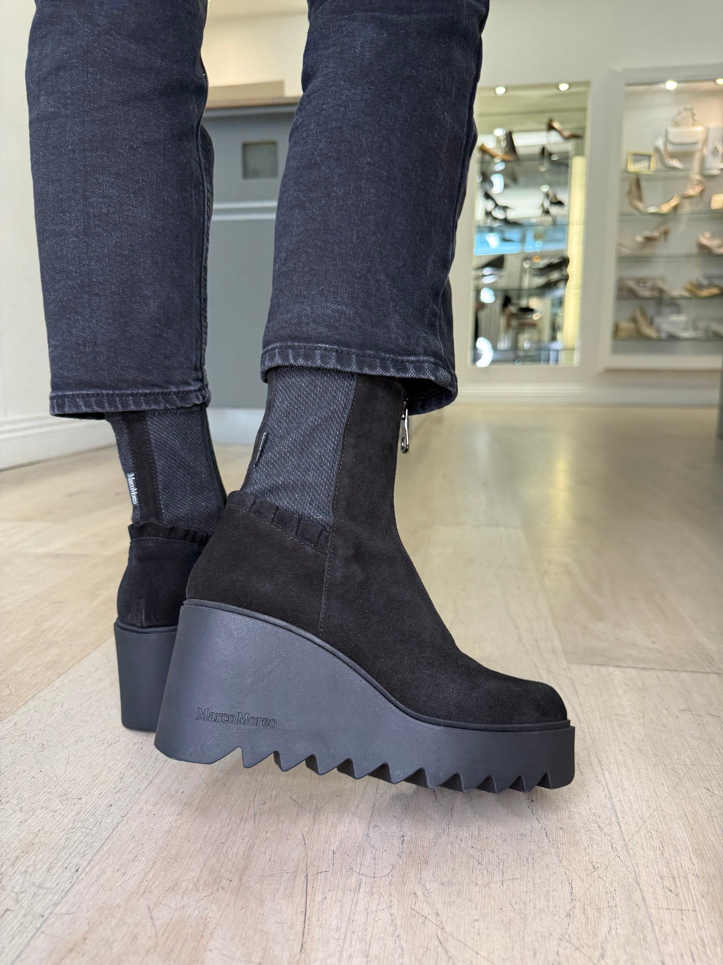 Marco Moreo - Black Suede Chunky Sole Wedge Boot With Frill Detail