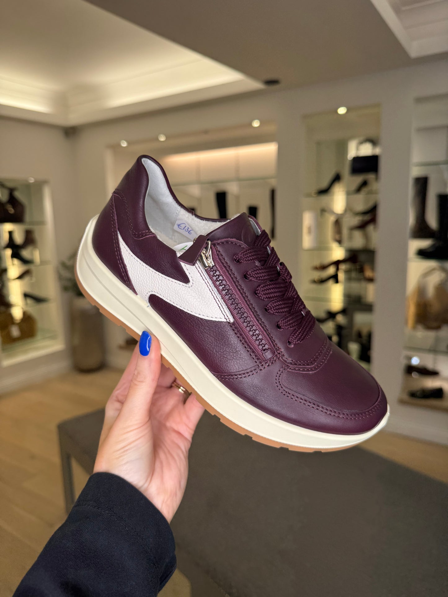 Ara - New York Merlot Leather Side Zip Trainer With White Trim & Cream Sole