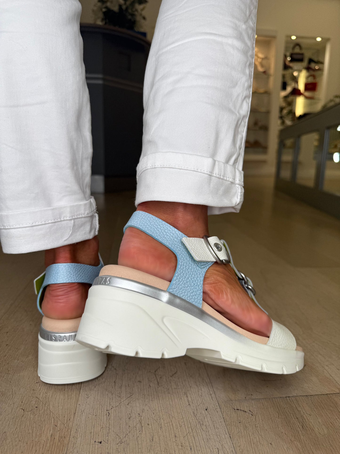 Hispanitas - White With Silver & Blue Trim T-Bar Sandal