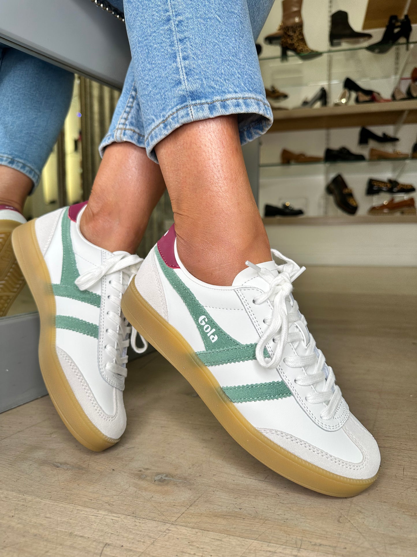 Gola - Viper White Trainer With A Green & Cerise Trim