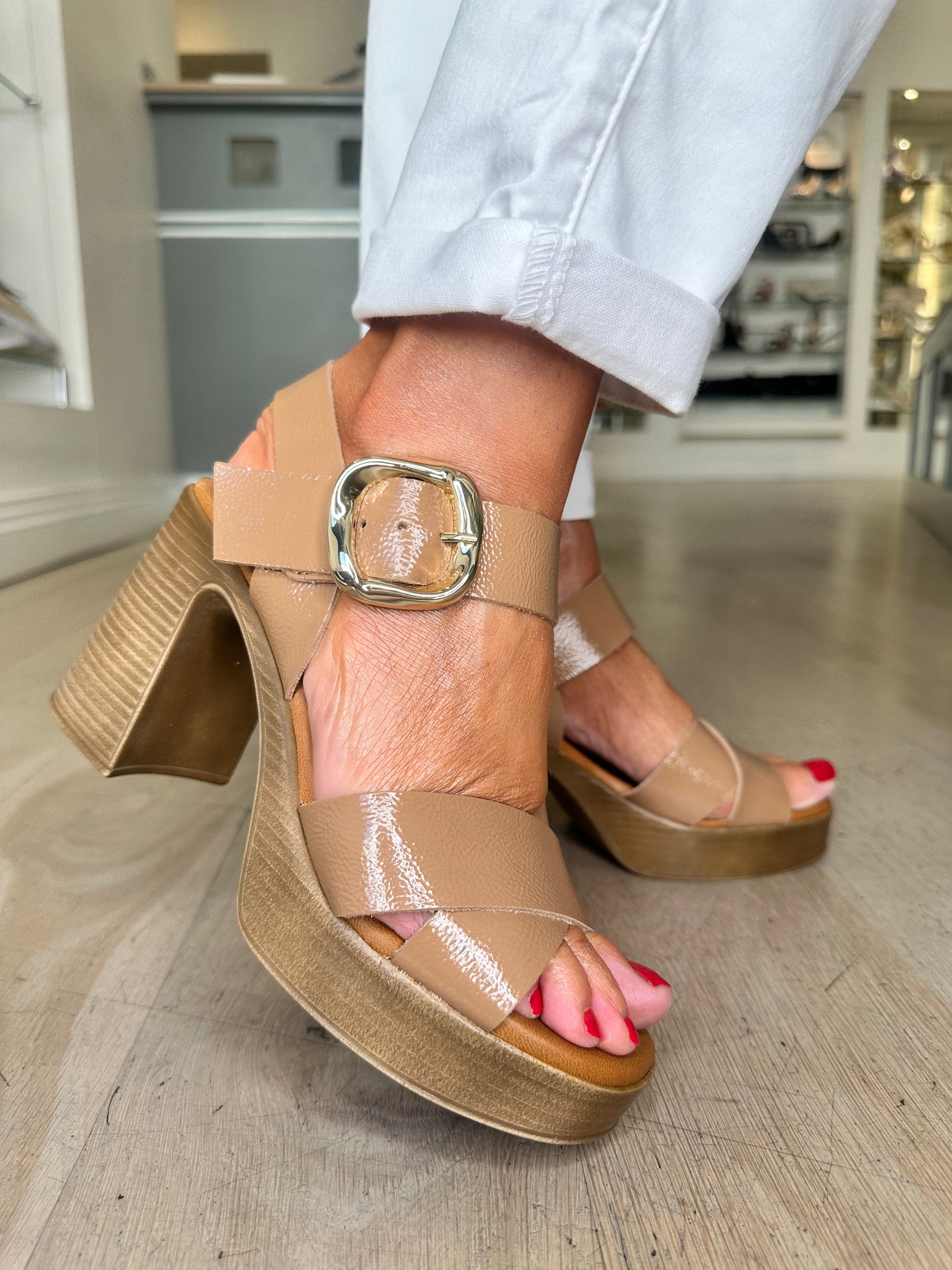 Oh My Sandals Rich Taupe Flexy Patent Strappy Block Heel