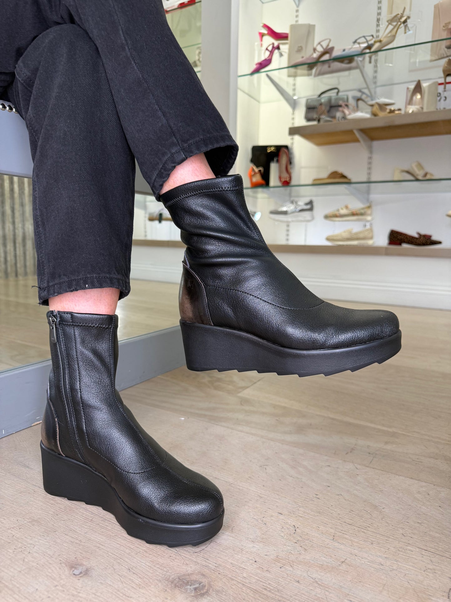 Jose Saenz -Black Stretch Leather Wedge Boot With Soft Bronze & Camel Trim