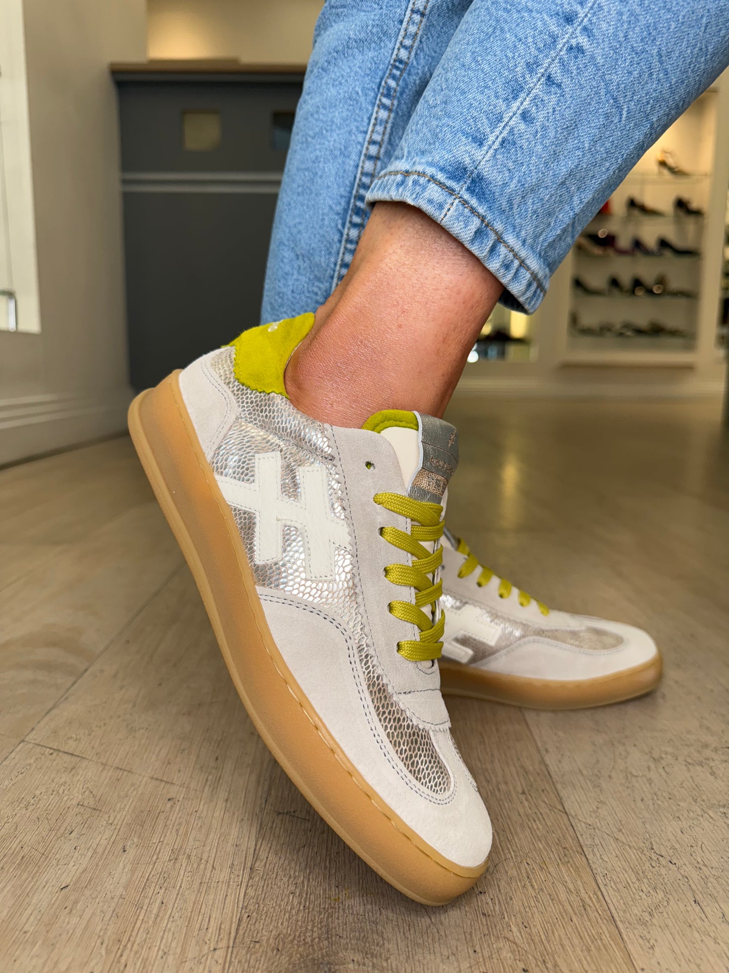 Another Trend - Stone Grey Suede Trainer With Silver Snake Print Shimmer & Lime Suede Trim
