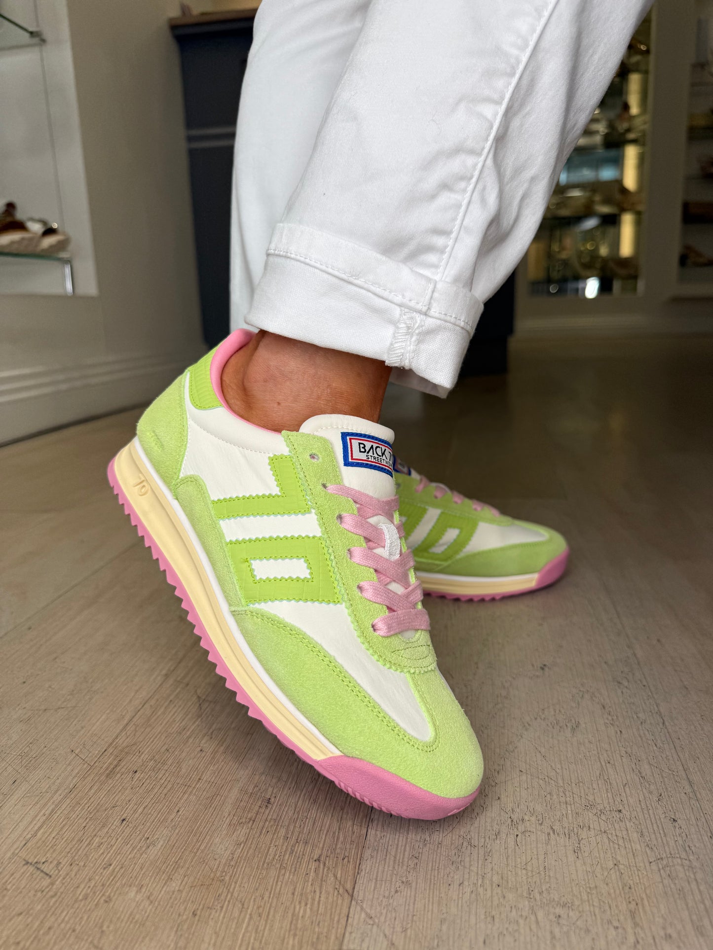 Back 70 - Lime Green Suede & White Leather Trainer With Soft Pink Trim