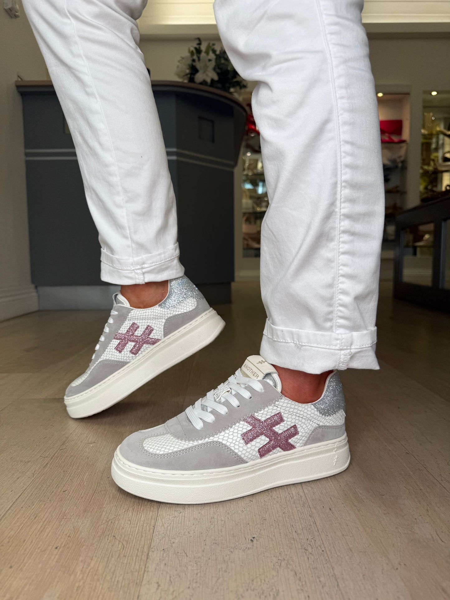 Another Trend - Grey Suede/ Snake Print Flatform Chunky Trainer With Sparkle Pink & Silver Trim