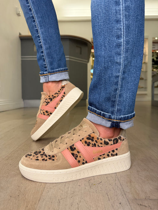 Gola - Grandslam Caramel Suede Trainer With Leopard Print & Coral Trim