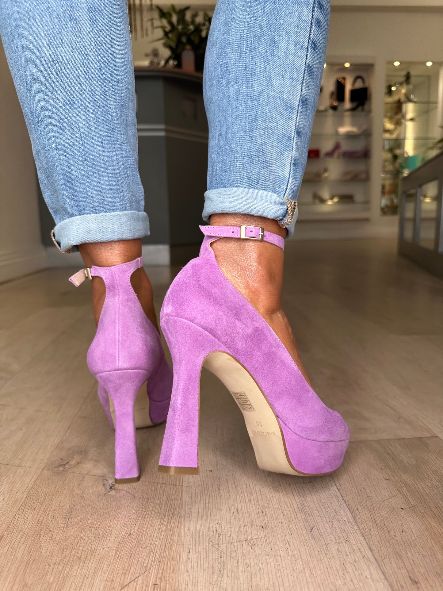 Marian - Lilac Suede Peep Toe Platform Shoe With Block Heel & Ankle Strap