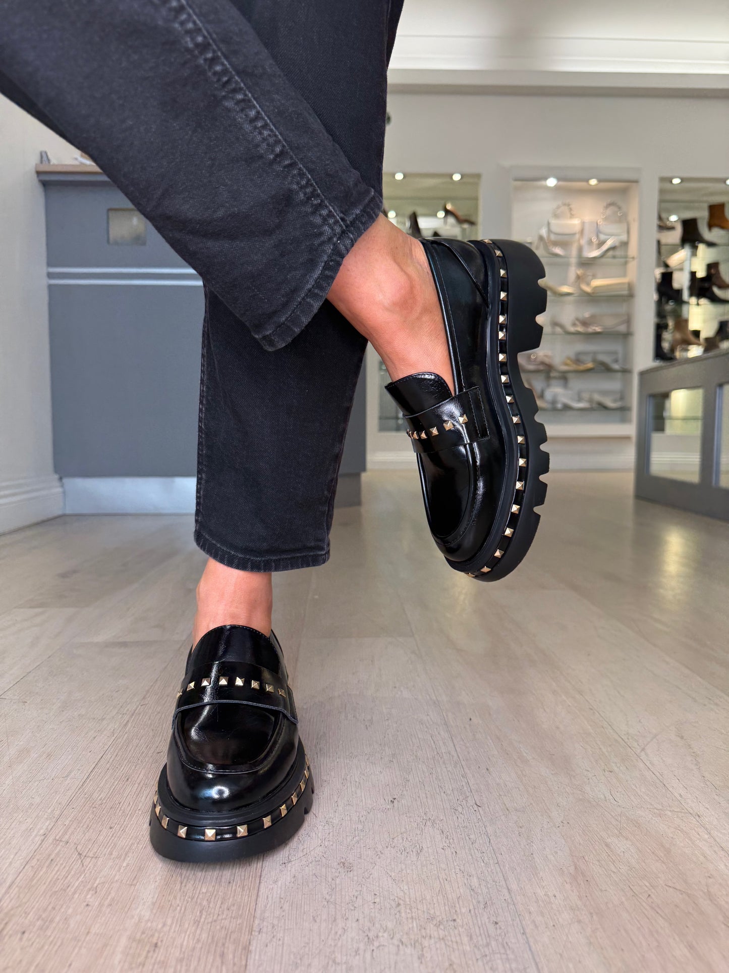 Lodi - Black Nappa Leather Chunky Sole Loafer With Gold Stud Trim Detail