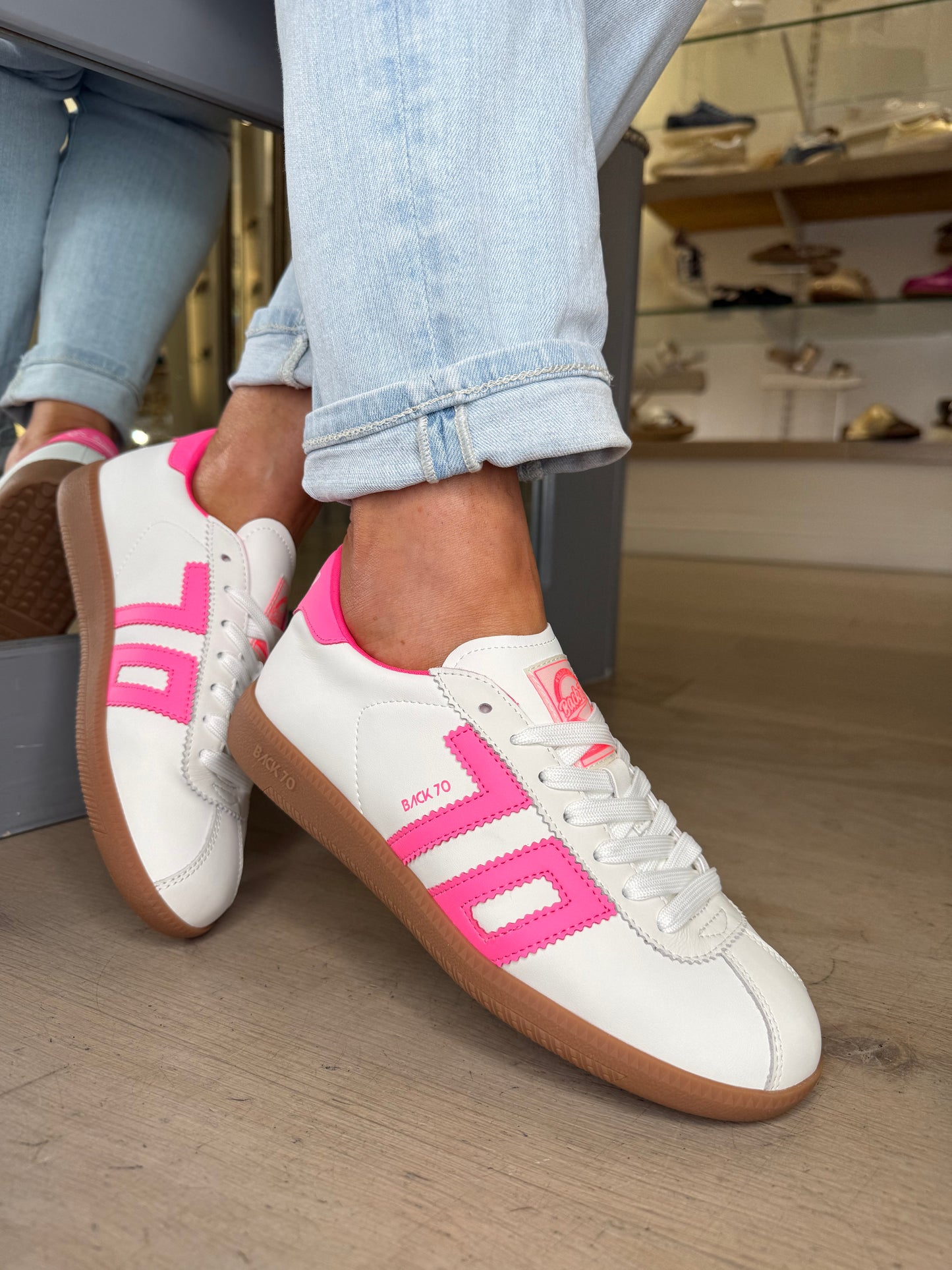 Back 70 -White Leather Trainer With Fluorescent Pink Trim