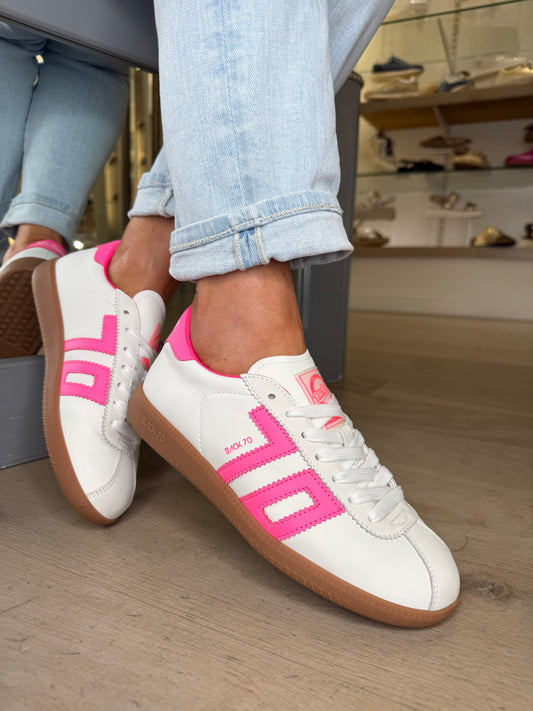 Back 70 -White Leather Trainer With Fluorescent Pink Trim