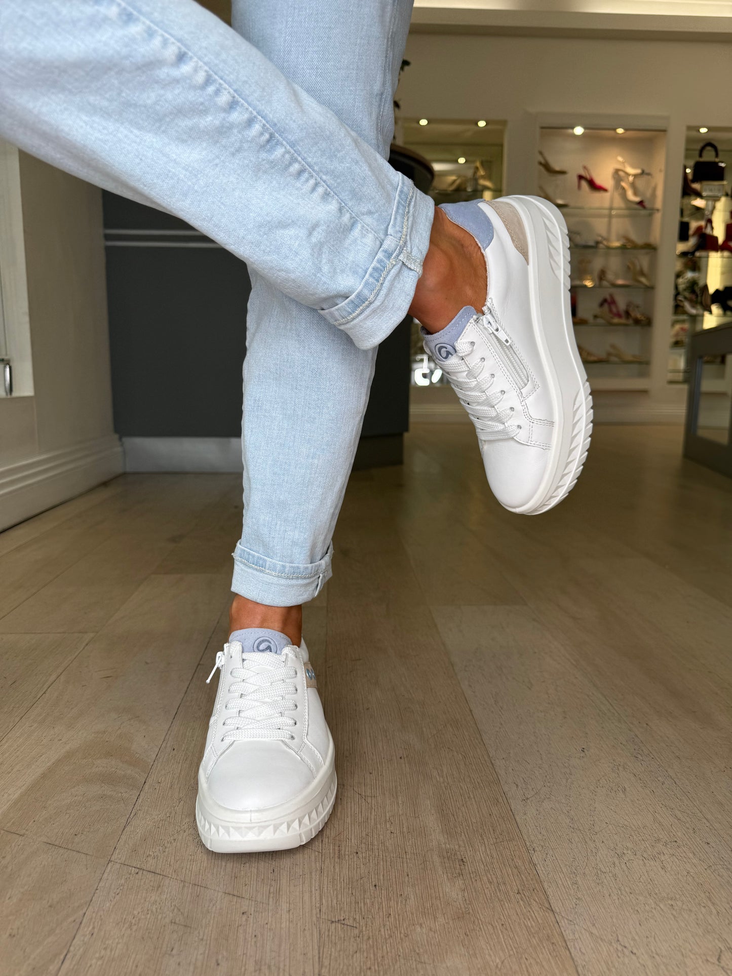 Ara - White Flatform Side Zip Trainer With Sky Blue & Beige Suede Trim