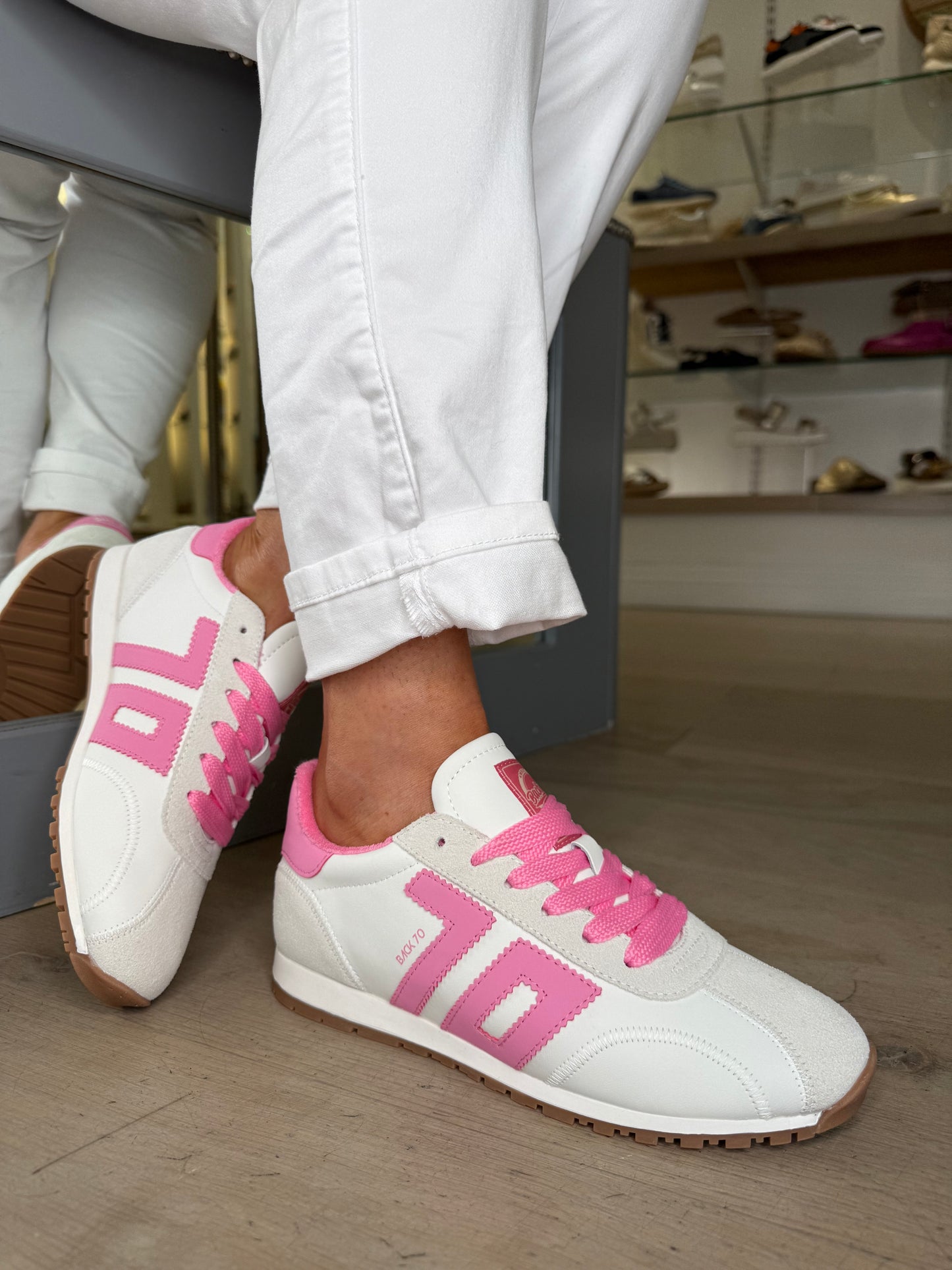 Back 70 -White Leather Trainer With Soft Stone Suede & Candy Pink Trim