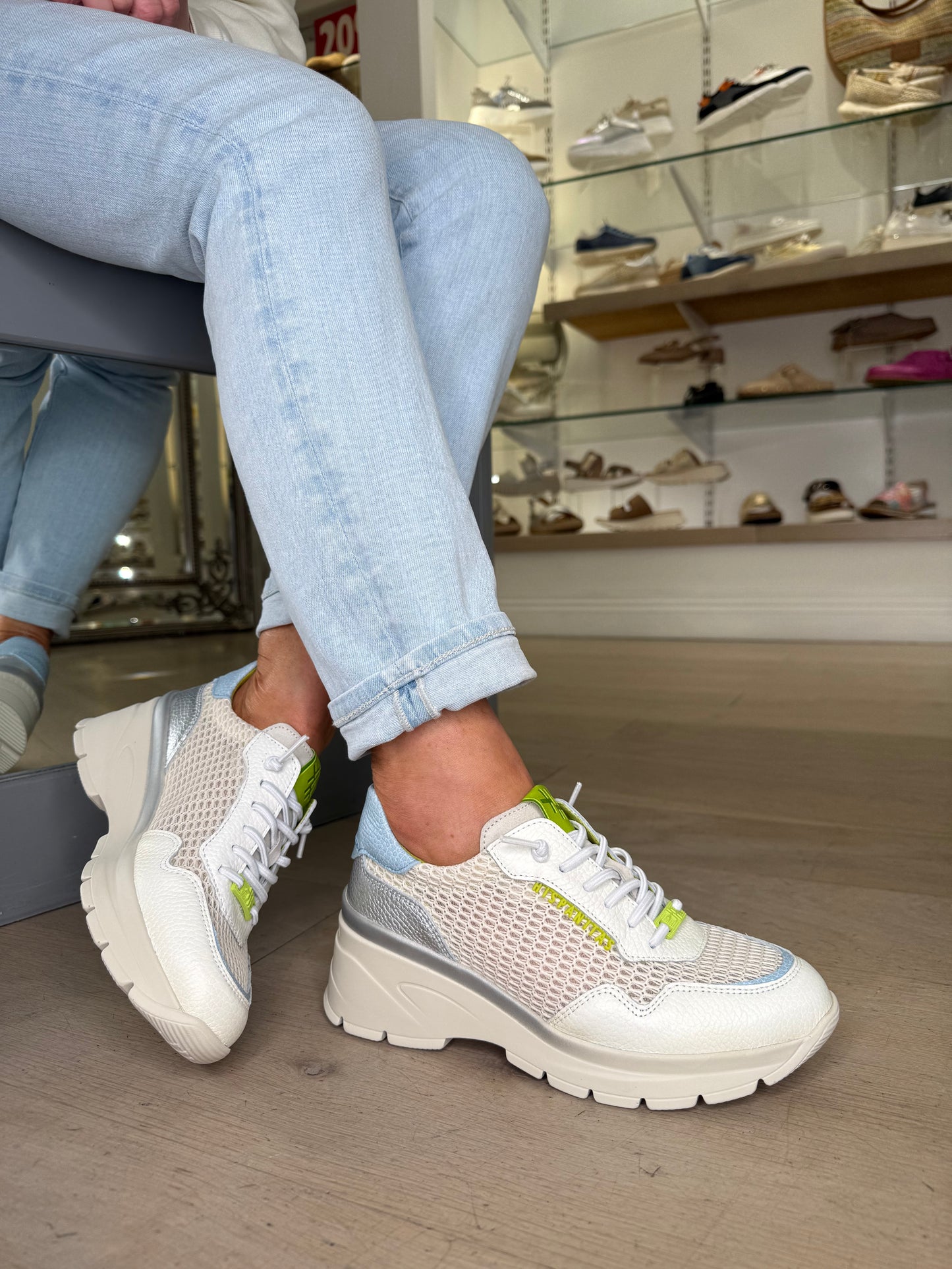 Hispanitas - White Leather Trainer With Lime, Silver & Blue Mix Trim
