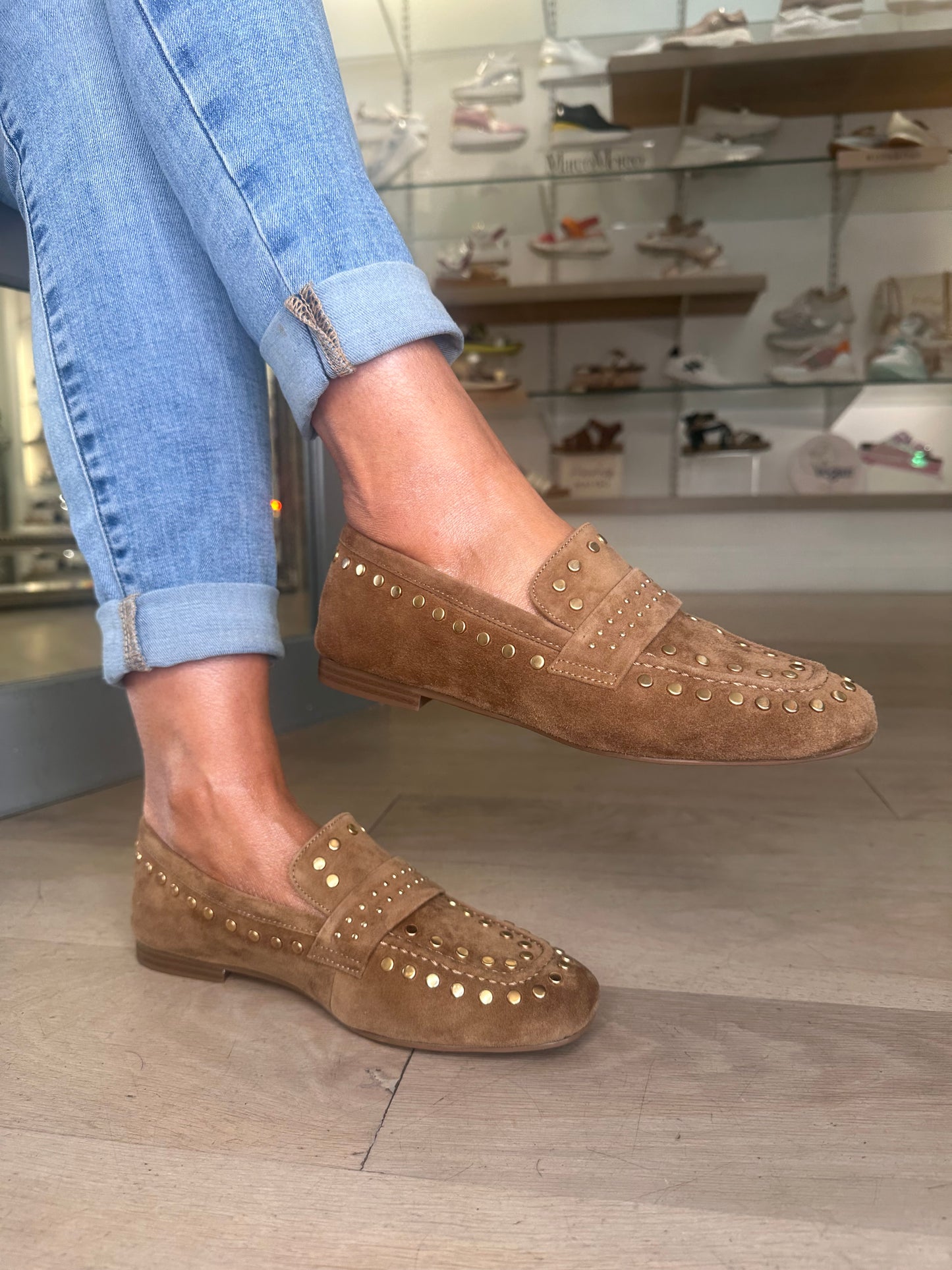 Lodi (Love) Tan Suede Loafer With Antique Gold Stud Trim