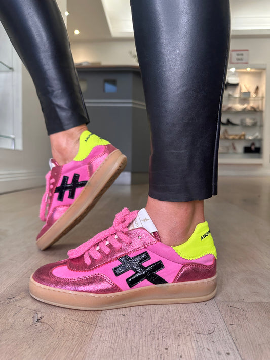 Another Trend - Bubblegum Pink Suede Trainer With Neon Yellow Trim